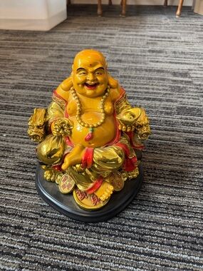 Laughing Buddha Figurine in Gold and Red